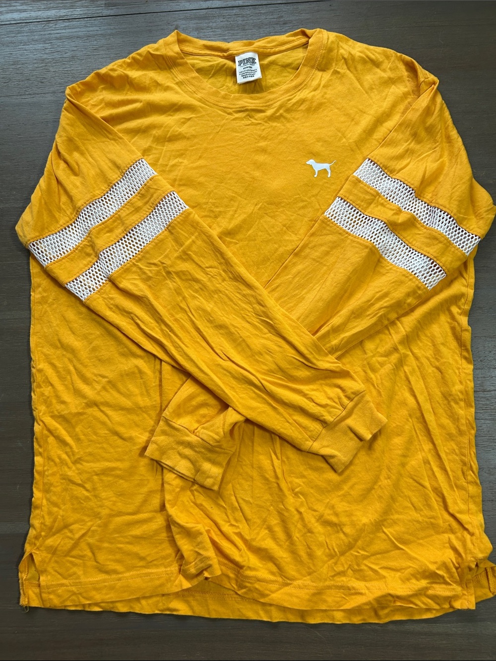 PINK Victoria's Secret Long Sleeve Gold-Yellow Mesh Stripe Tee